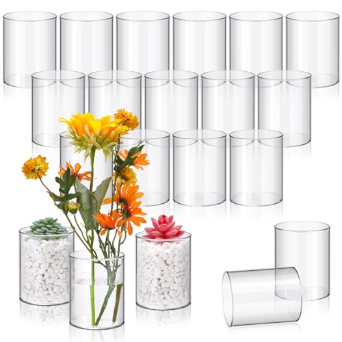 Vesici 20 Pcs Plastic Cylinder Vase Acrylic Cylinder Vase Bulk Small Clear Flower Container Hurricane Candle Holder Round Wide Container Centerpiece for Home Office Wedding Decorations (4 Inch) - Image 1