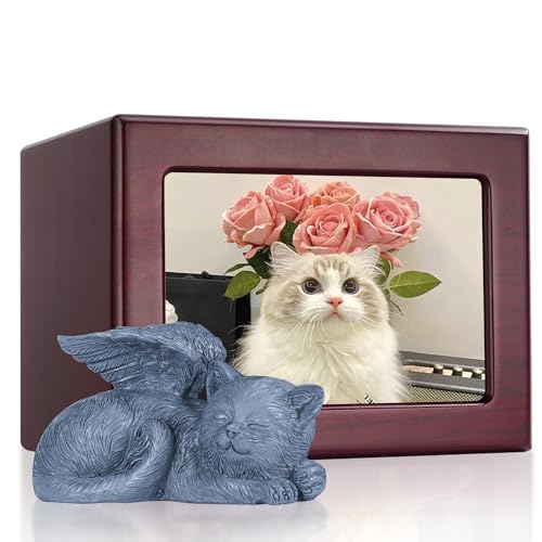 DiDiBirDi Cat Urn for Ashes, Wooden Keepsake for Ashes with Photo Frame, Cherry Red Cremation Box with Resin Statue and Sealed Storage Bags (60lbs) - Image 1