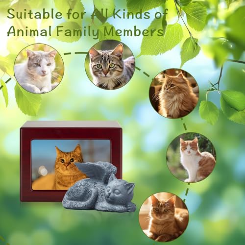 DiDiBirDi Cat Urn for Ashes, Wooden Keepsake for Ashes with Photo Frame, Cherry Red Cremation Box with Resin Statue and Sealed Storage Bags (60lbs) - Image 4
