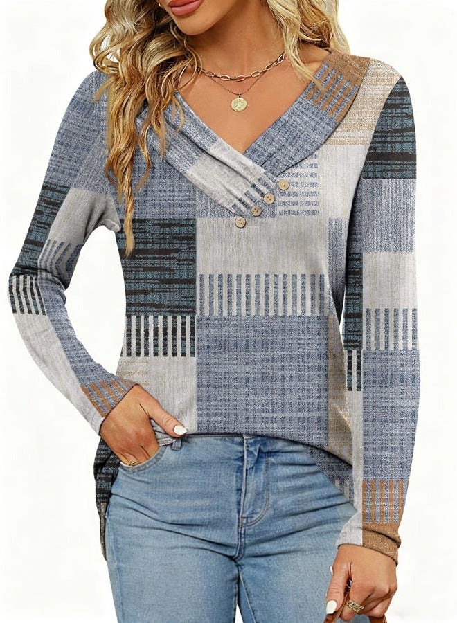 FMEYOA Women's Fall Long Sleeve Tunic Tops for Leggings Pleated V Neck Button Casual Blouse Graphic Printed Sweatshirt, Blue Brown Stripe, XXL - Image 2