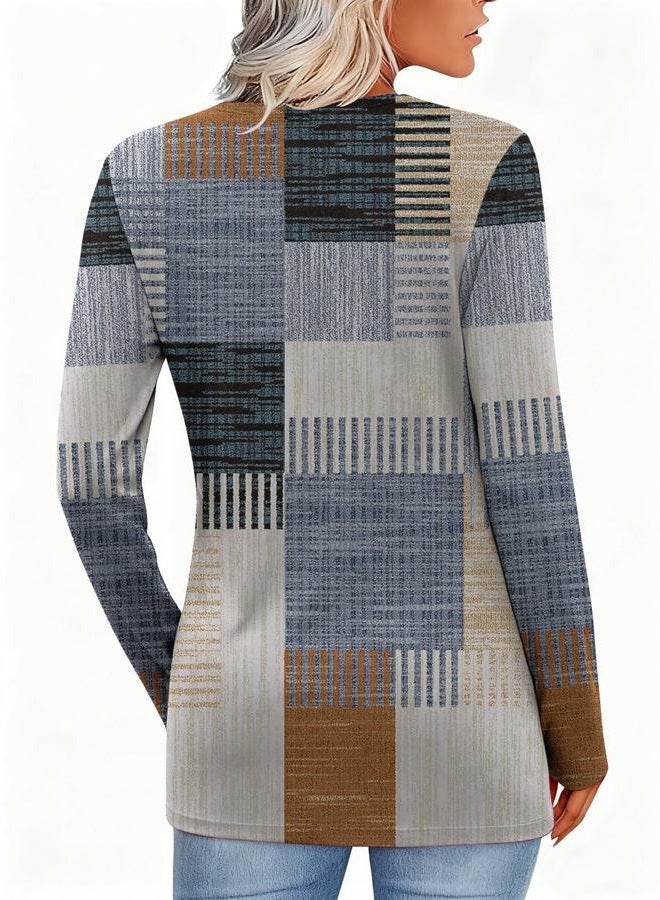 FMEYOA Women's Fall Long Sleeve Tunic Tops for Leggings Pleated V Neck Button Casual Blouse Graphic Printed Sweatshirt, Blue Brown Stripe, XXL - Image 3
