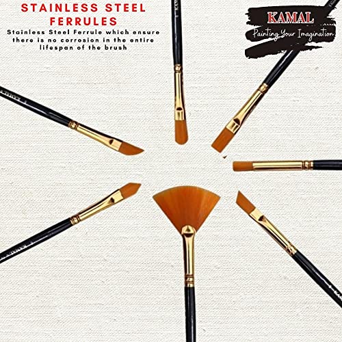 KAMAL Artist Silk Assorted Set of 7 Synthetic Taklon Brushes for Acrylic Painting, Oil Painting (Wooden Handles and Synthetic Bristle) - Image 4