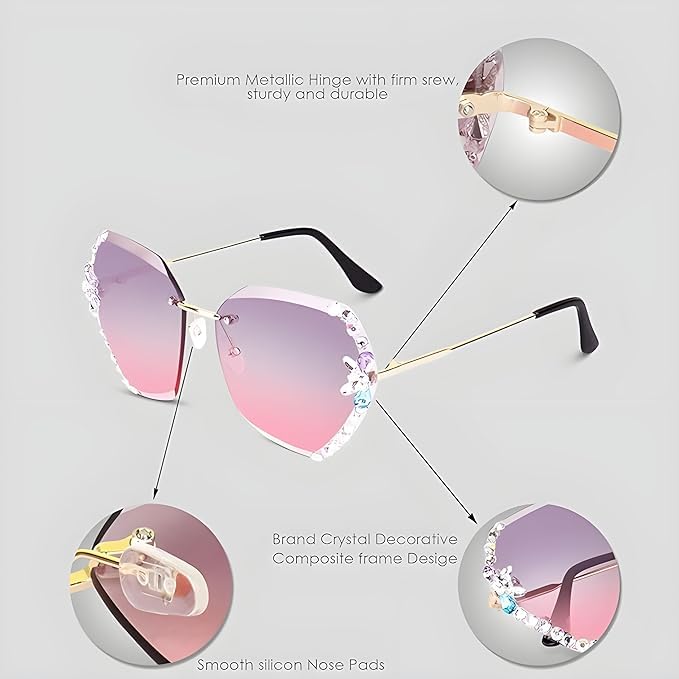 mashamart UV400 Protected Oversized Sunglasses for Women Stylish Rimless Diamond Cutting Lens with Stone All color of Sunglasses for Driving Shades for Women. (gold, pink) - Image 4