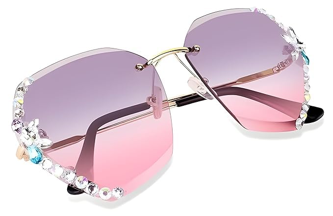 mashamart UV400 Protected Oversized Sunglasses for Women Stylish Rimless Diamond Cutting Lens with Stone All color of Sunglasses for Driving Shades for Women. (gold, pink) - Image 1