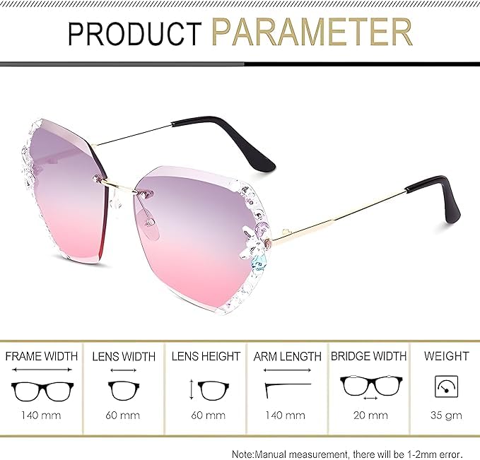 mashamart UV400 Protected Oversized Sunglasses for Women Stylish Rimless Diamond Cutting Lens with Stone All color of Sunglasses for Driving Shades for Women. (gold, pink) - Image 2