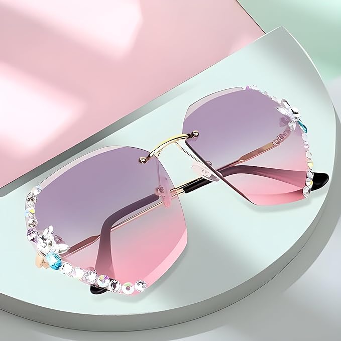 mashamart UV400 Protected Oversized Sunglasses for Women Stylish Rimless Diamond Cutting Lens with Stone All color of Sunglasses for Driving Shades for Women. (gold, pink) - Image 5