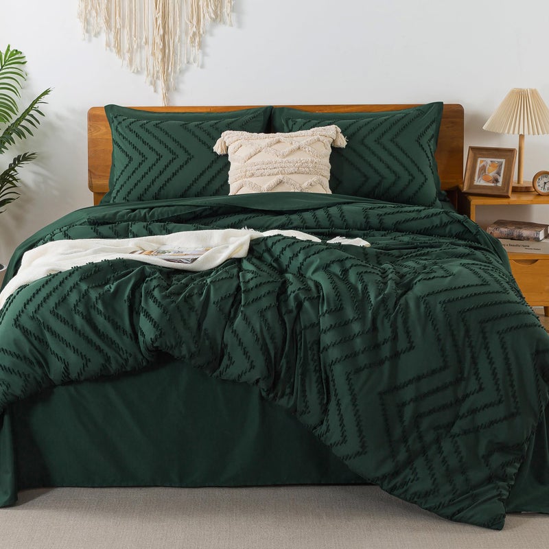 Litanika Super King Size Comforter Set with Sheets Emerald Green - 7 Pieces Bed in a Bag Oversized King Boho Tufted Complete Beddding Sets with Comforter  Sheets  Pillowcases & Shams - Image 1