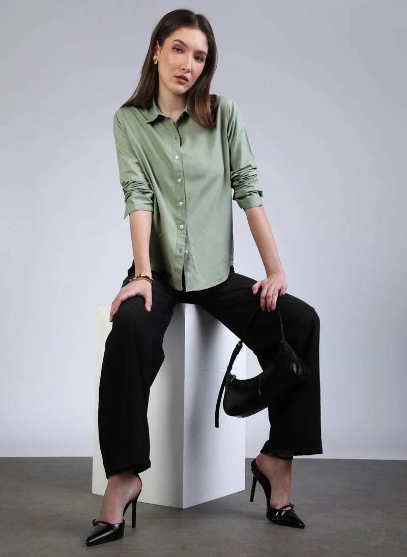 Urbano Fashion  Urbano Fashion Women's Dusty Green Modal Viscose Full Sleeve Regular Fit Casual Solid Shirt with Regular Collar for Women | Best Price UAE