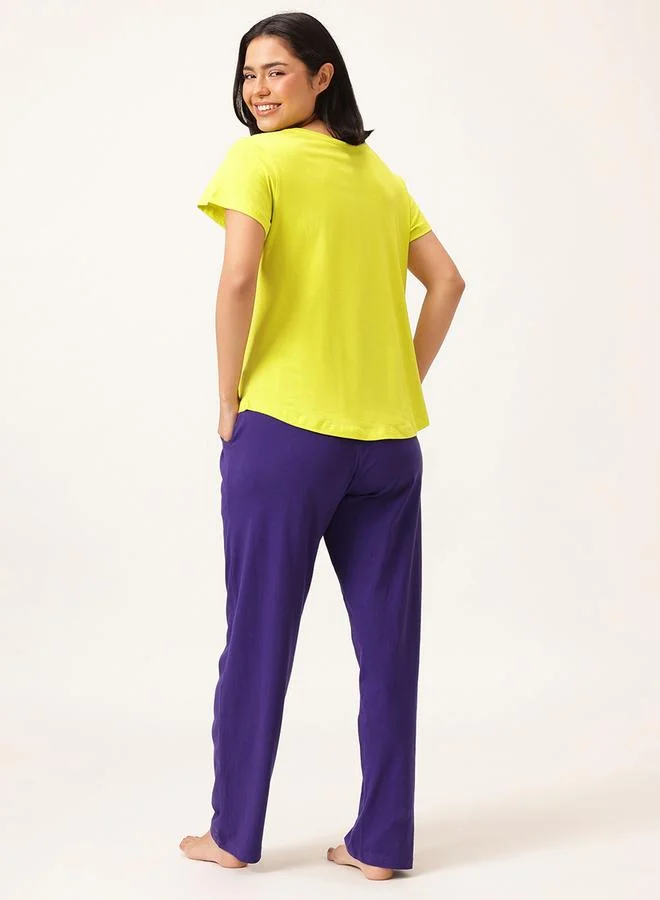 Clovia Clovia Graphic Print Short Sleeve Cotton T-Shirt and Drawstring Pyjama Set