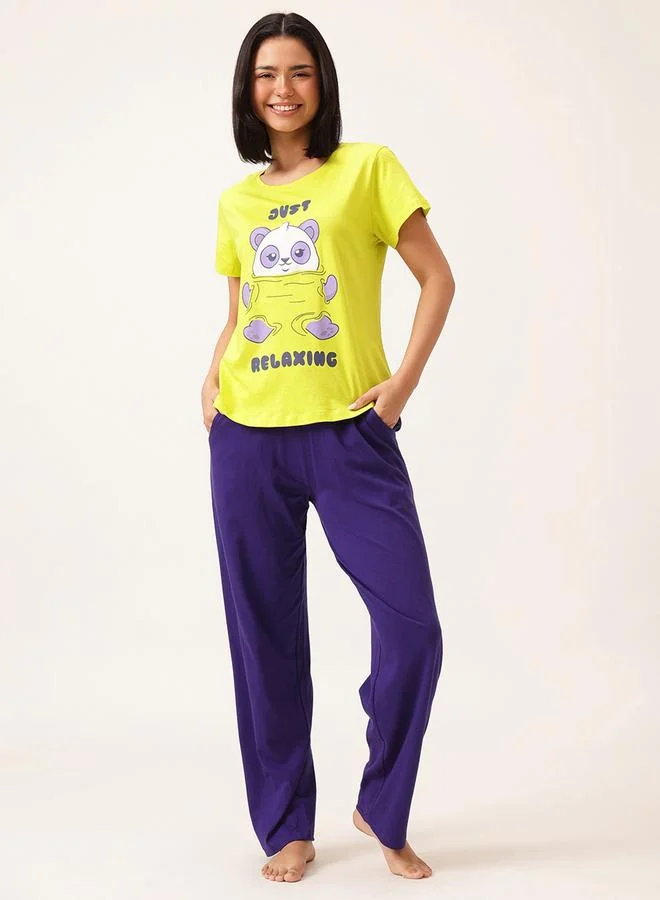 Clovia Clovia Graphic Print Short Sleeve Cotton T-Shirt and Drawstring Pyjama Set