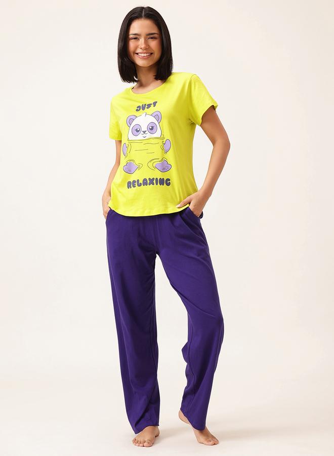 Clovia Graphic Print Short Sleeve Cotton T-Shirt and Drawstring Pyjama Set - Image 4