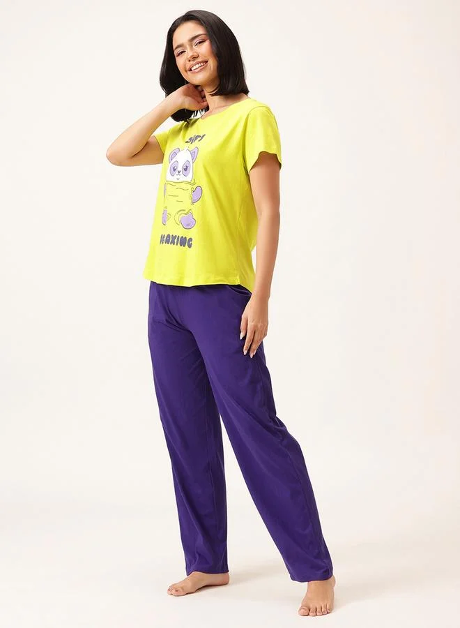 Clovia Clovia Graphic Print Short Sleeve Cotton T-Shirt and Drawstring Pyjama Set