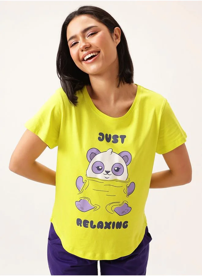 Clovia Clovia Graphic Print Short Sleeve Cotton T-Shirt and Drawstring Pyjama Set