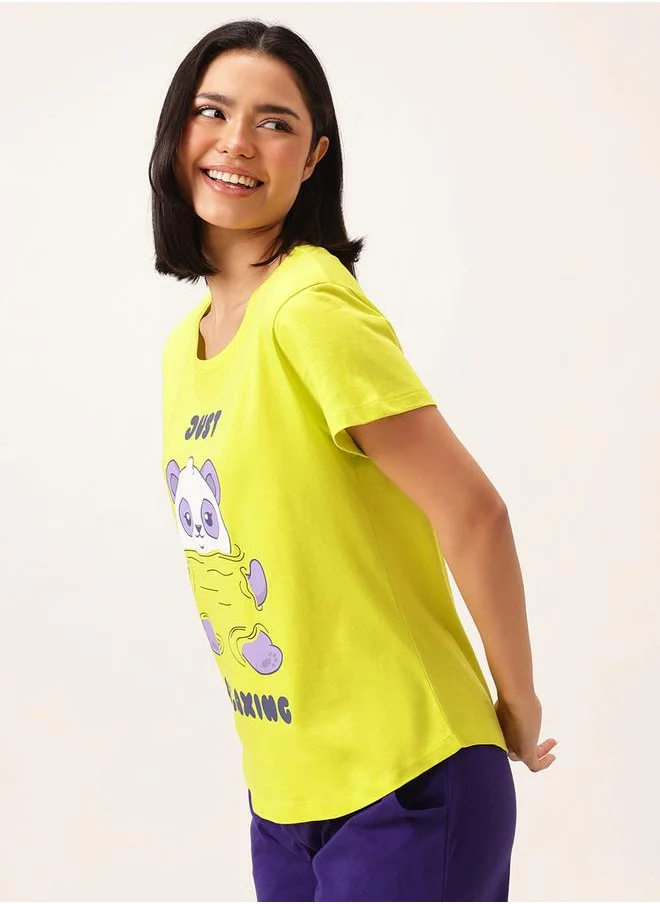 Clovia Clovia Graphic Print Short Sleeve Cotton T-Shirt and Drawstring Pyjama Set