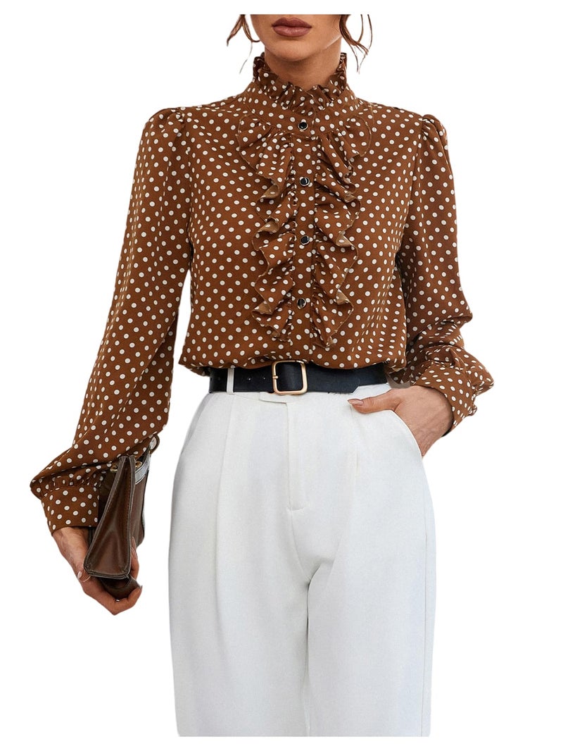 Floerns Women's Ladies Polka Dots Long Sleeve Ruffle Button Down Business Dressy Casual Office Shirts Blouses Tops Coffee Brown Large - Image 1
