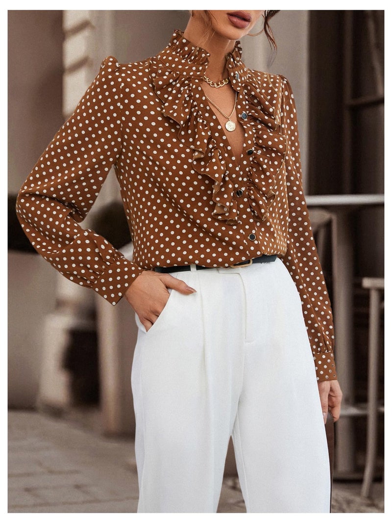 Floerns Women's Ladies Polka Dots Long Sleeve Ruffle Button Down Business Dressy Casual Office Shirts Blouses Tops Coffee Brown Large - Image 2