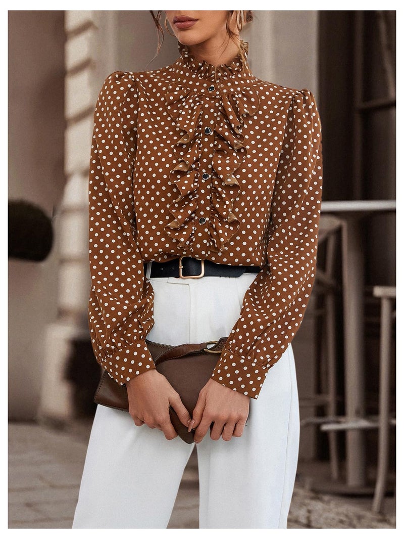 Floerns Women's Ladies Polka Dots Long Sleeve Ruffle Button Down Business Dressy Casual Office Shirts Blouses Tops Coffee Brown Large - Image 4