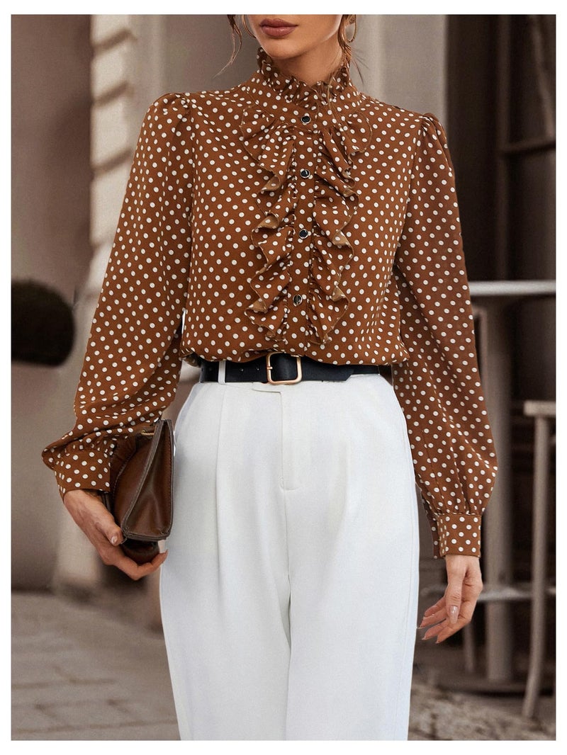 Floerns Women's Ladies Polka Dots Long Sleeve Ruffle Button Down Business Dressy Casual Office Shirts Blouses Tops Coffee Brown Large - Image 5