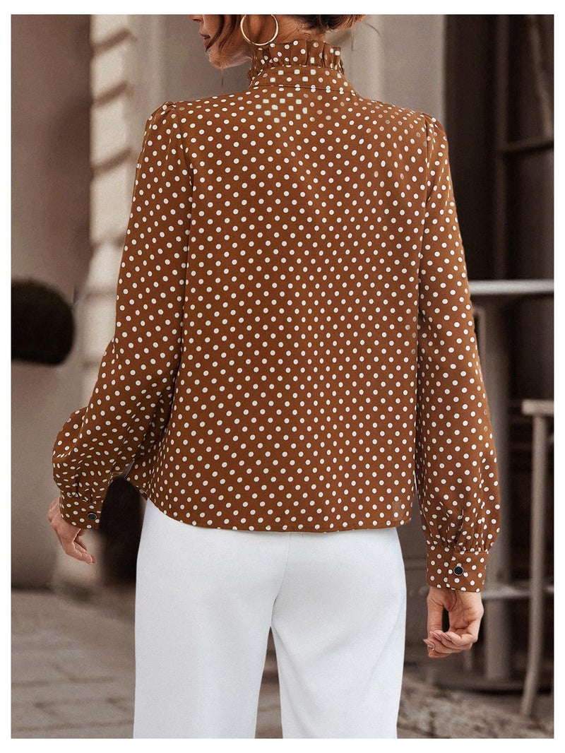 Floerns Women's Ladies Polka Dots Long Sleeve Ruffle Button Down Business Dressy Casual Office Shirts Blouses Tops Coffee Brown Large - Image 3