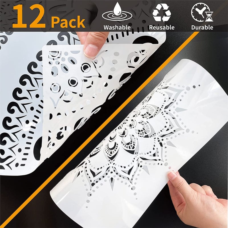 Ivanas 12 Pack Large Reusable Mandala Stencil Laser Cut Painting Template for Floor Furniture Wall Tile Fabric Painting DIY Decor - Image 3