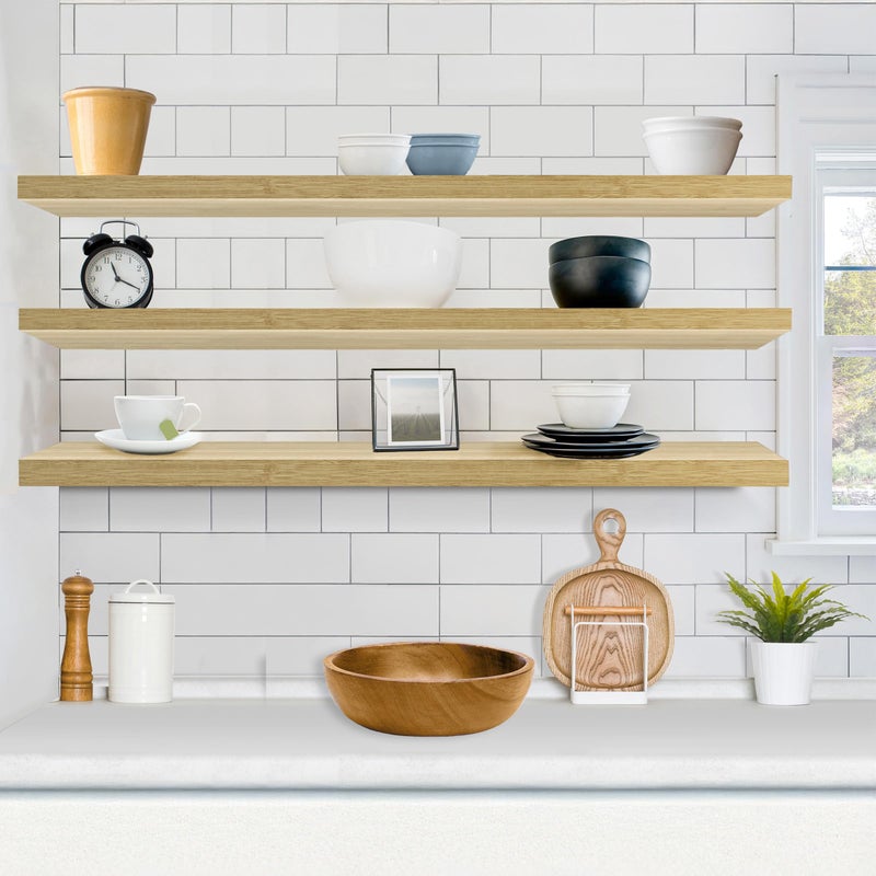 Sorbus Floating Shelves for Wall - 55 Inch Extra-Long Bathroom Shelves, Wall Decor for Bedroom, Kitchen, Living Room, Book Storage - Mounted Floating Shelf with Hidden Brackets (Maple Wood, 3 Pack) - Image 3