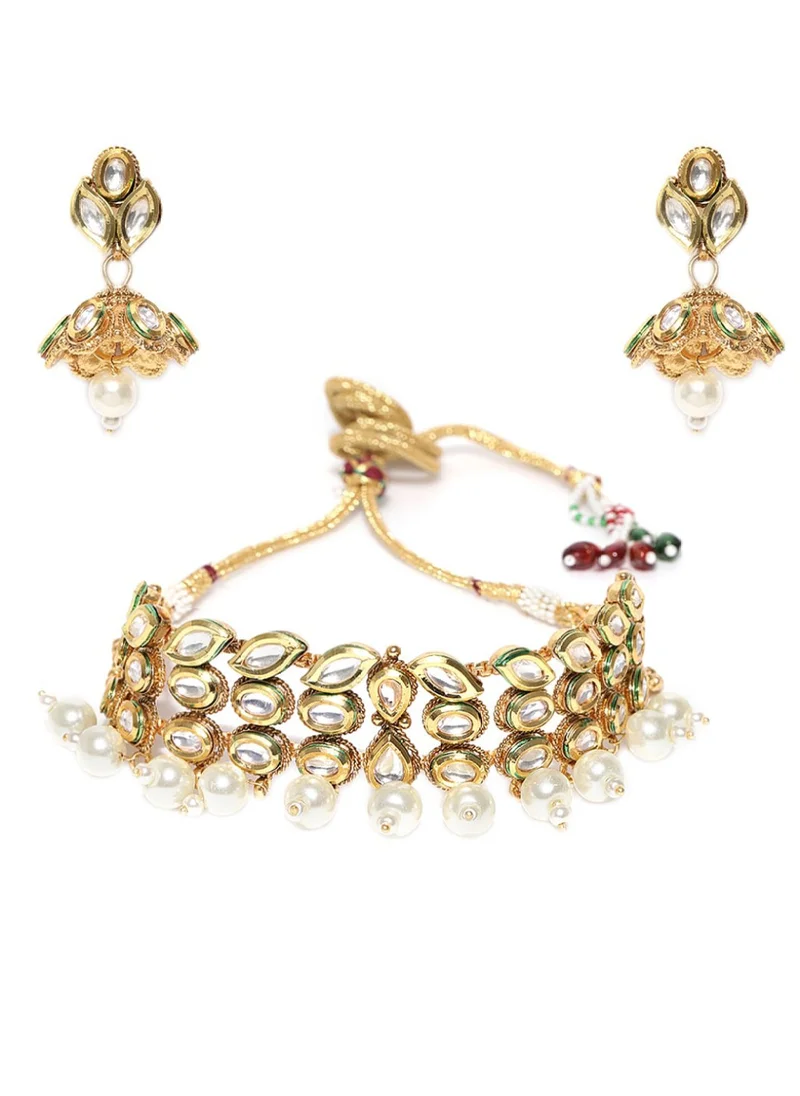 Priyaasi White Kundan Studded  Pearls Beaded Jewellery Set