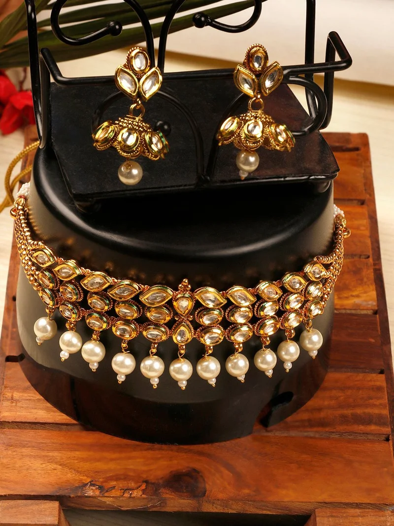 Priyaasi KundanStone Studded Beaded Dome Shaped Jhumkas