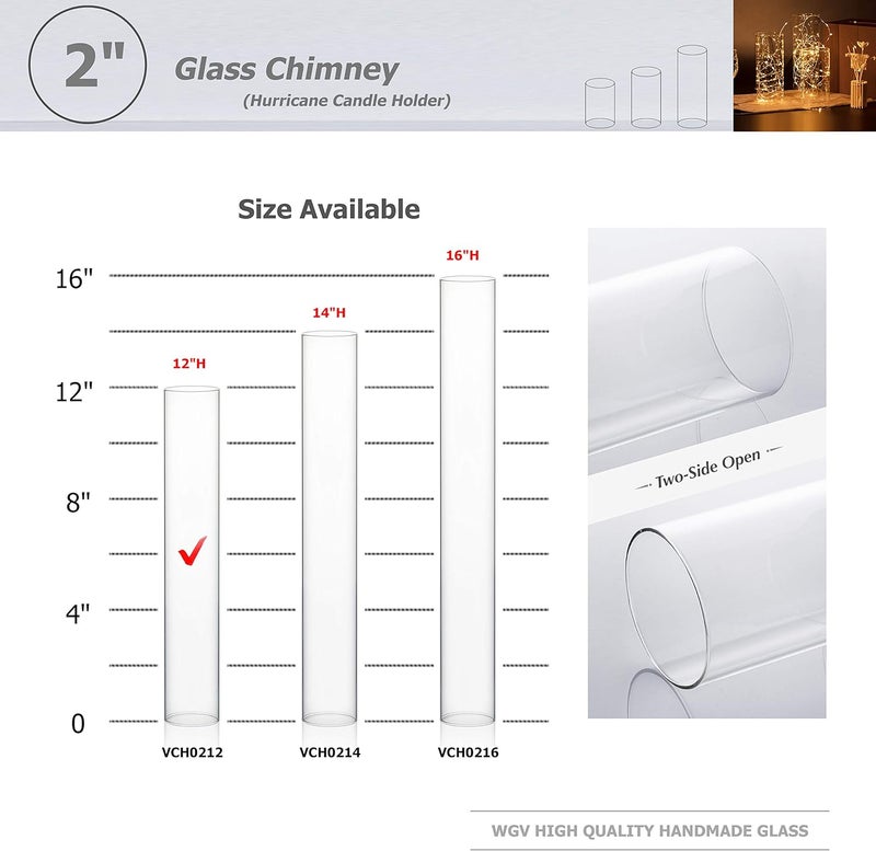 WGVI Hurricane Candle Holder Sleeve, Wide 2", Height 12", 2 Pieces, Clear Glass Cylinder Open Both Ends, Chimney Shade Tube (HST0212_2pc) - Image 2