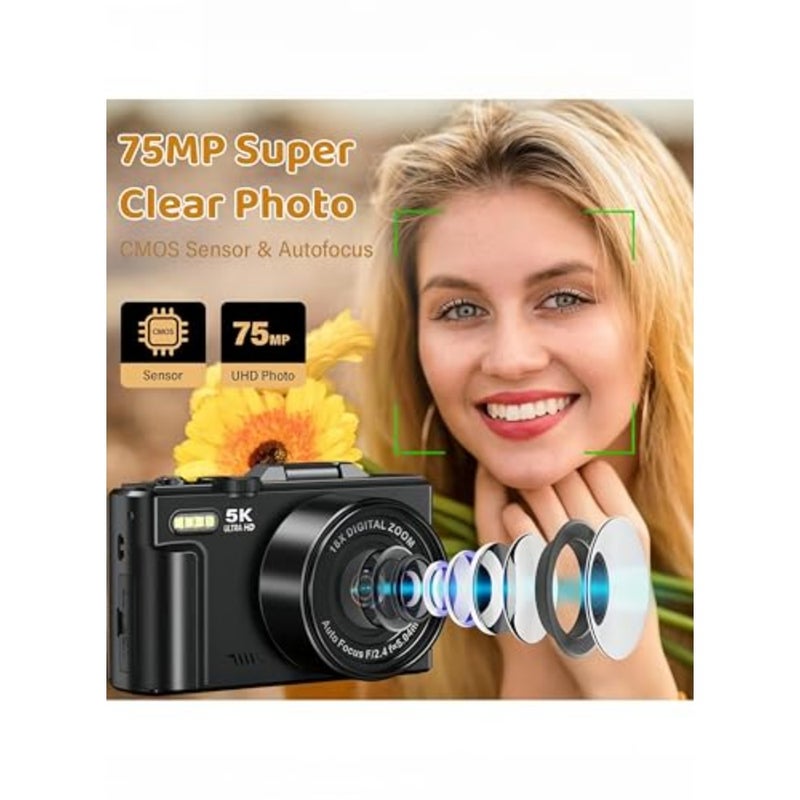 كاميرا رقمية 5K الترا اتش دي، 75 ميجابكسل، للتصوير الفوتوغرافي، هيكل معدني أسود، عدسة ماكرو واسعة الزاوية، بطاقة 64 جيجابايت، بطارية مزدوجة، 3 شاشات قابلة للطي، أسود - Image 3
