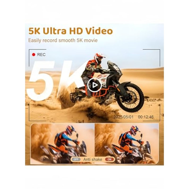 كاميرا رقمية 5K الترا اتش دي، 75 ميجابكسل، للتصوير الفوتوغرافي، هيكل معدني أسود، عدسة ماكرو واسعة الزاوية، بطاقة 64 جيجابايت، بطارية مزدوجة، 3 شاشات قابلة للطي، أسود - Image 2