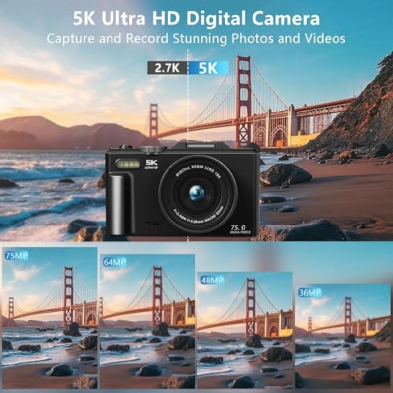 كاميرا رقمية 5K الترا اتش دي، 75 ميجابكسل، للتصوير الفوتوغرافي، هيكل معدني أسود، عدسة ماكرو واسعة الزاوية، بطاقة 64 جيجابايت، بطارية مزدوجة، 3 شاشات قابلة للطي، أسود - Image 4
