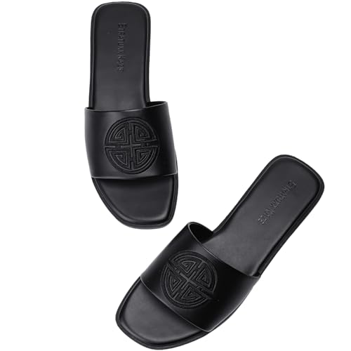 Stratuxx Kaze Womens Flat Sandals Dressy Summer Slide with Memory Foam Comfortable Cute Leather Black Sandals for Women - Image 1