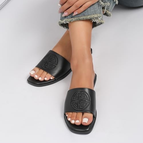 Stratuxx Kaze Womens Flat Sandals Dressy Summer Slide with Memory Foam Comfortable Cute Leather Black Sandals for Women - Image 3