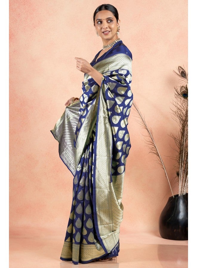 Subham Women's Silk Cotton Kanjivaram Soft Saree with Blouse Piece | Jacquard Design Banarasi Sarees | Golden Zari (45606 - Navy Blue) - Image 3