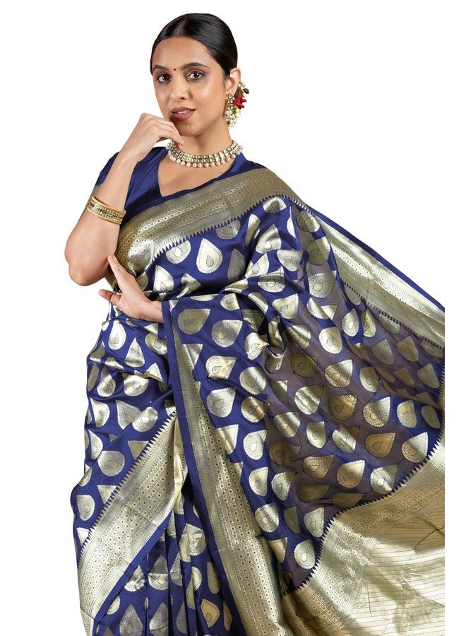 Subham Women's Silk Cotton Kanjivaram Soft Saree with Blouse Piece | Jacquard Design Banarasi Sarees | Golden Zari (45606 - Navy Blue) - Image 1