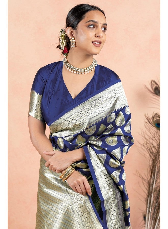 Subham Women's Silk Cotton Kanjivaram Soft Saree with Blouse Piece | Jacquard Design Banarasi Sarees | Golden Zari (45606 - Navy Blue) - Image 4