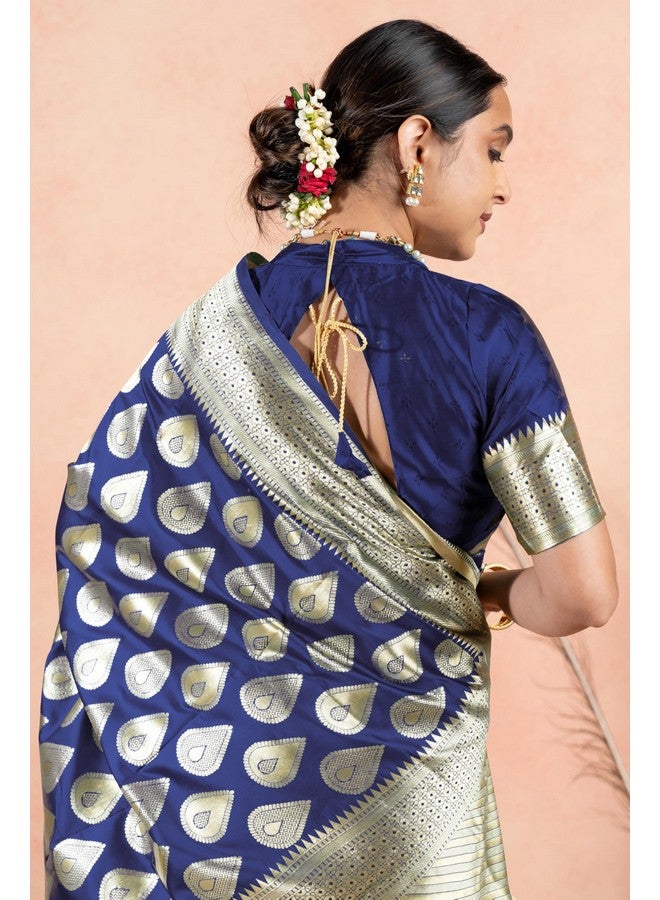 Subham Women's Silk Cotton Kanjivaram Soft Saree with Blouse Piece | Jacquard Design Banarasi Sarees | Golden Zari (45606 - Navy Blue) - Image 5