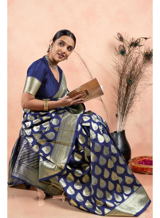 Subham Women's Silk Cotton Kanjivaram Soft Saree with Blouse Piece | Jacquard Design Banarasi Sarees | Golden Zari (45606 - Navy Blue) - Image 2