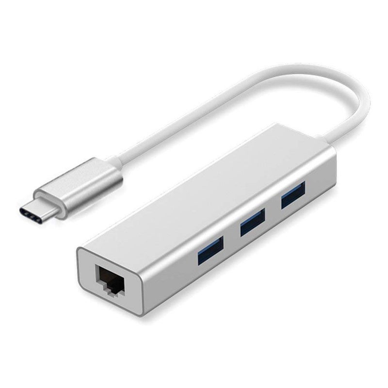 USB-C to 3-Port + RJ45 Adapter Type-C to Gigabit Ethernet LAN Network + 3 USB Ported Converter for MacBook/Pro/iMac/ChromeBook (Silver)