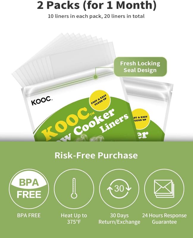 KOOC Slow Cooker Liners 13"x21" 20 Count Cooking Bags Pot Liners Disposable Bags Fit 3 qt to 8.5 qt Slow Cooker BPA Free, 2 Packs (20 Liners Total) - Image 4