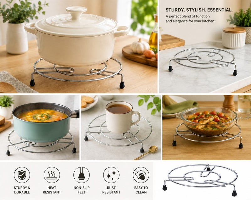 Dunekart Round Pot Stand Trivet, Stainless Round Pot Stand Trivet, Stainless Steel Heat Resistant Steamer Rack for Kitchen, Hot Plate Holder Cooker Donga Stand - SilverSteel Heat Resistant Steamer Rack for Kitchen, Hot Plate Holder Cooker Donga Stand - Silver - Image 3