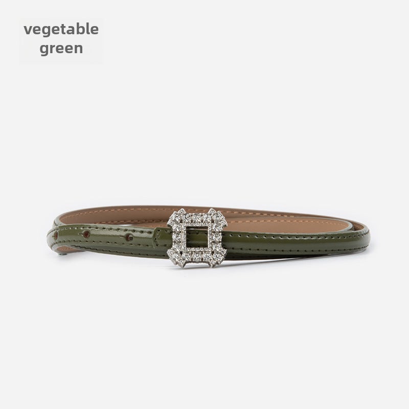 Genuine Leather Womens Slim Rhinestone Belt 11671-Vegetable Green - Image 1