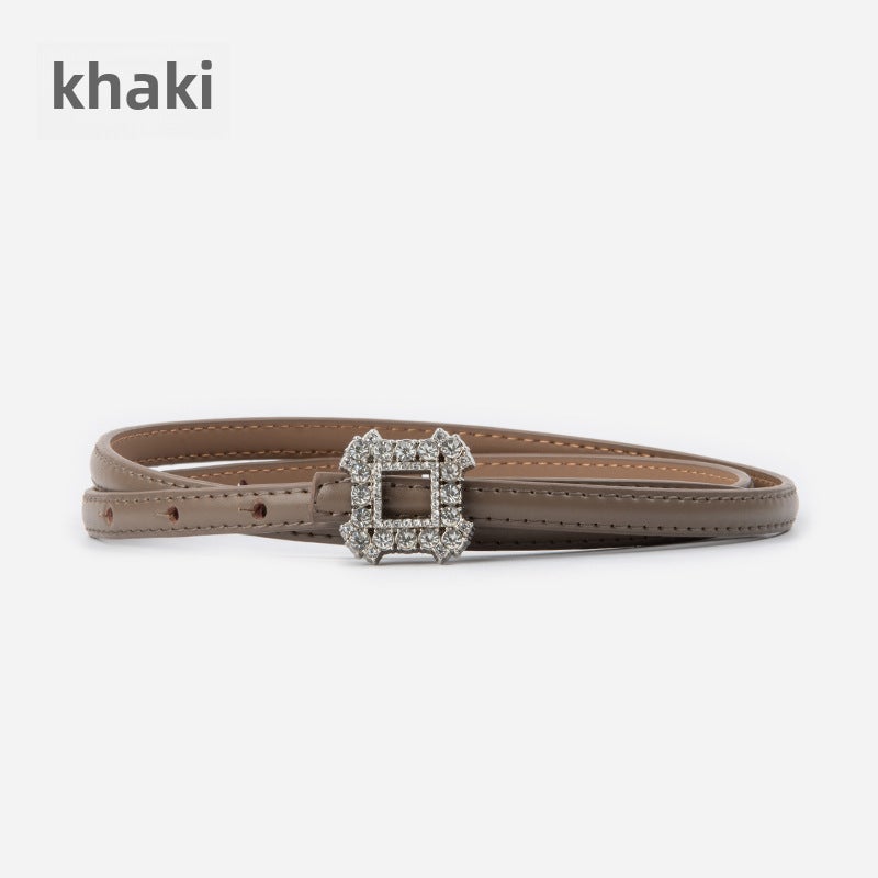 Genuine Leather Womens Slim Rhinestone Belt 11671-Vegetable Green - Image 3