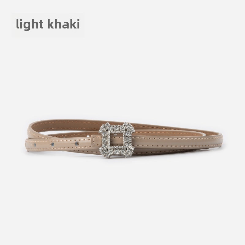 Genuine Leather Womens Slim Rhinestone Belt 11671-Vegetable Green - Image 4