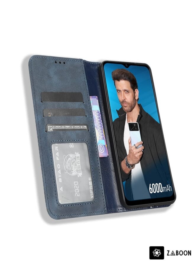 جراب هاتف جلدي بمشبك مغناطيسي بتصميم كلاسيكي لهاتف Itel P40 (أزرق)