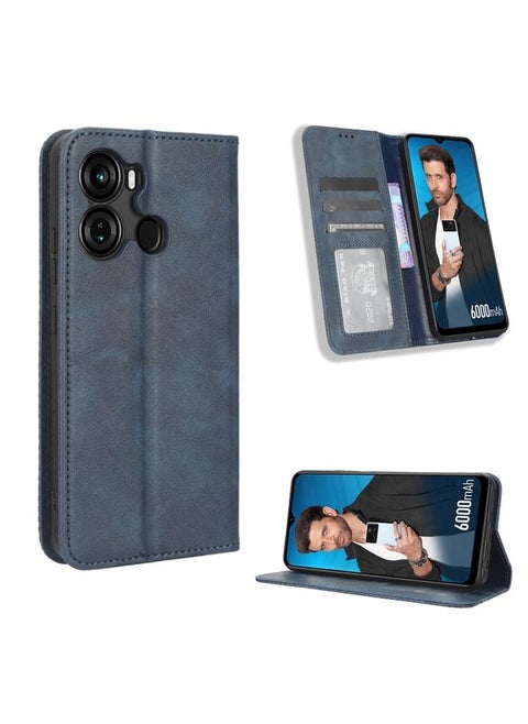 جراب هاتف جلدي بمشبك مغناطيسي بتصميم كلاسيكي لهاتف Itel P40 (أزرق)