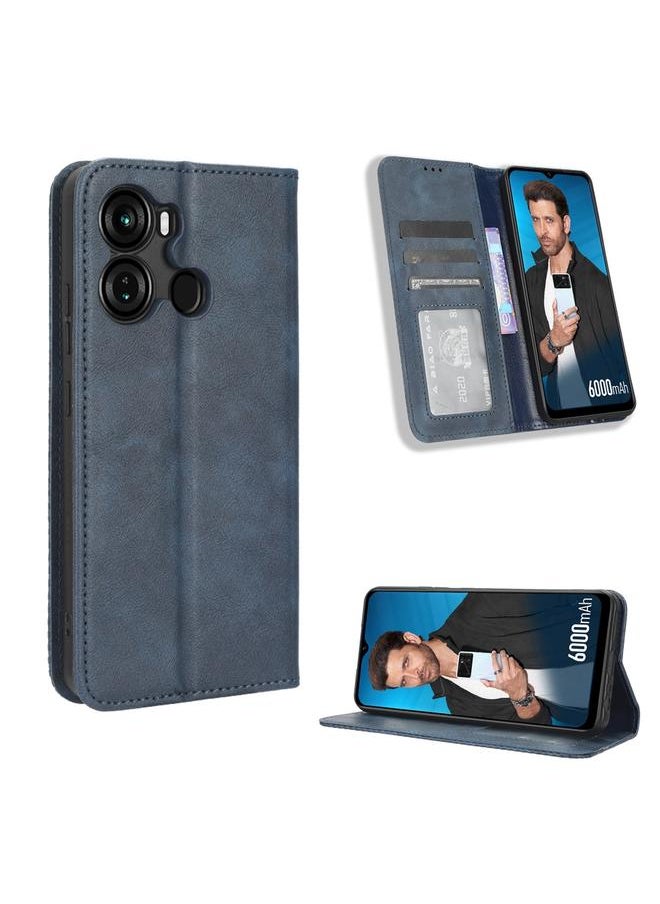 جراب هاتف جلدي بمشبك مغناطيسي بتصميم كلاسيكي لهاتف Itel P40 (أزرق)