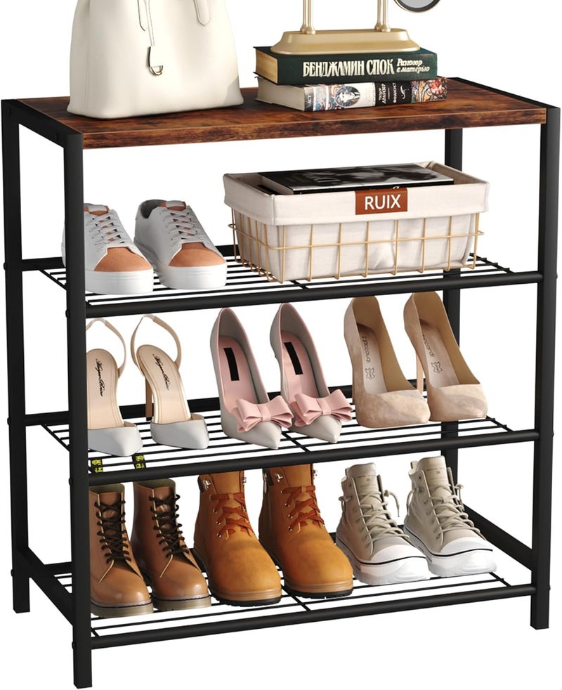 KRISHYAM KRISHYAM Shoe Rack4 Tier Shoe Organizer Storage for Closet EntrywayTall Metal Shoe Shelves with Industrial Wooden Top Rustic Brown and Black 4 Shelves Metal Wooden TOP