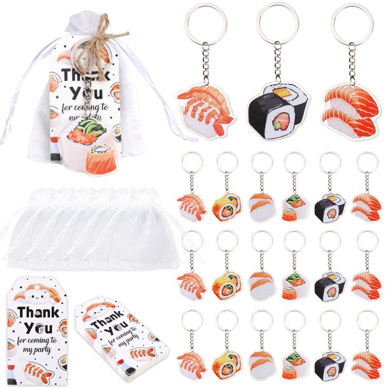 Serencatcher 72pcs Sushi Party Decorations Japanese Theme Sushi Keychain Thank You Tags White Organza Bags for Asian Japanese Food Theme Party Supplies