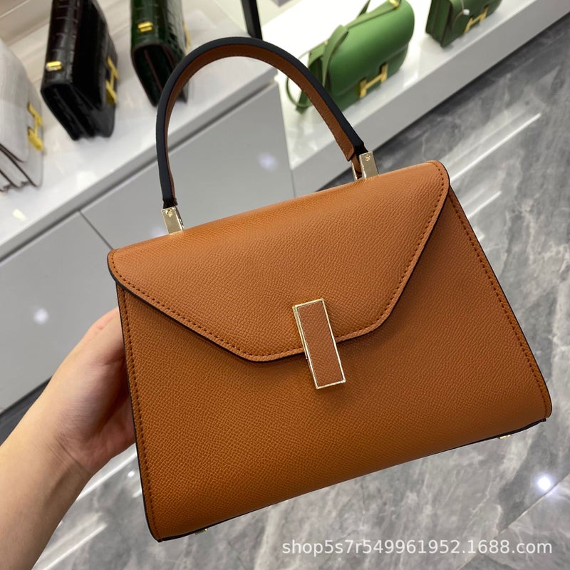 Vintage Trapezoidal Cowhide Genuine Leather Crossbody Shoulder Bag For Women With Vertical Buckle, Flap, Small Gold Bar, Tofu Bag, Versatile - Image 4